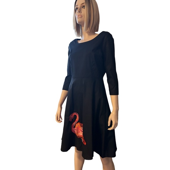 Sucrefas Dress Black ¾ Sleeve Vintage Inspired Flamingo appliqué Circle Skirt - Picture 6 of 14